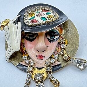 Lunch At The Ritz Art Deco Lady Brooch Face Pin Rhinestone Enamel Dangles